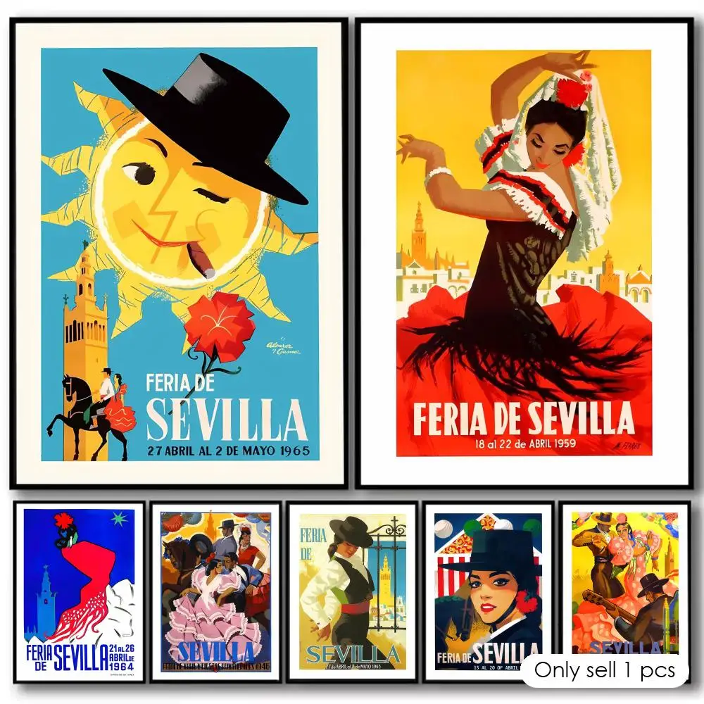 Póster artístico de pared en lienzo de algodón con caligrafía y pintura de viaje a Sevilla, pintura decorativa de calidad para decoración del hogar y sala de estar