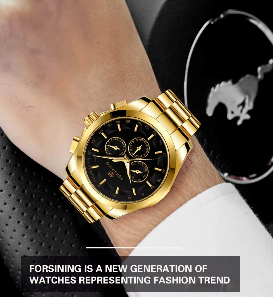 FORSINING three-eye pointer men's business steel band mechanical watch
