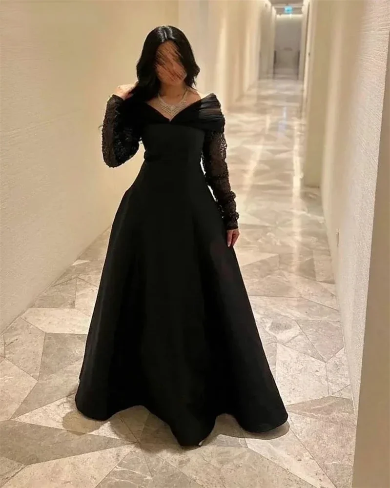 

Popular A Line Off Th Shoulder Neck Prom Dresses Long Sleeves With Sequins Evening Summer Elegant Party Gowns For Women Arabic