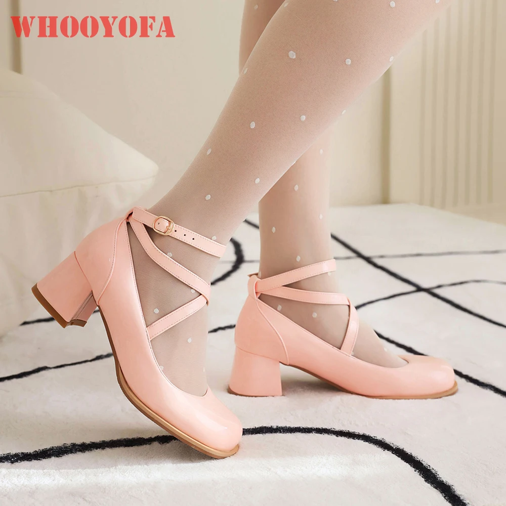 

2026 Summer Mature Women Pumps Ankle Strap 5CM High Chunky Heels Lady Dress Shoes Large Small Plus Size 11 30 42 45 Wide Fit