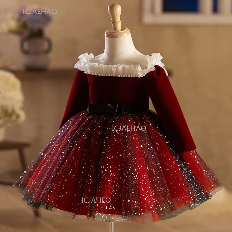 New Years Red Long Sleeve Girl Princess Party Dress Birthday Autumn Winter Recital Performance Pageant Formal Gown Evening Eid