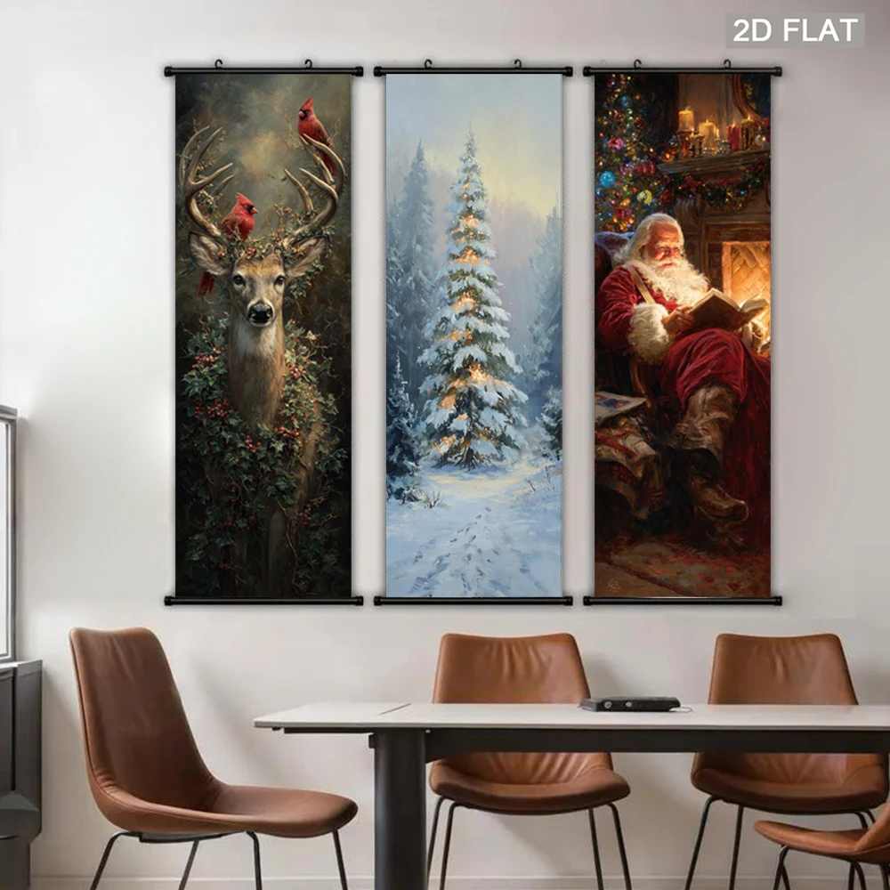 VIKAMA Winter Snow Christmas Scroll Tapestry, Santa Claus and Reindeer Wall Hanging, Decorative Fabric Poster, Home Decor