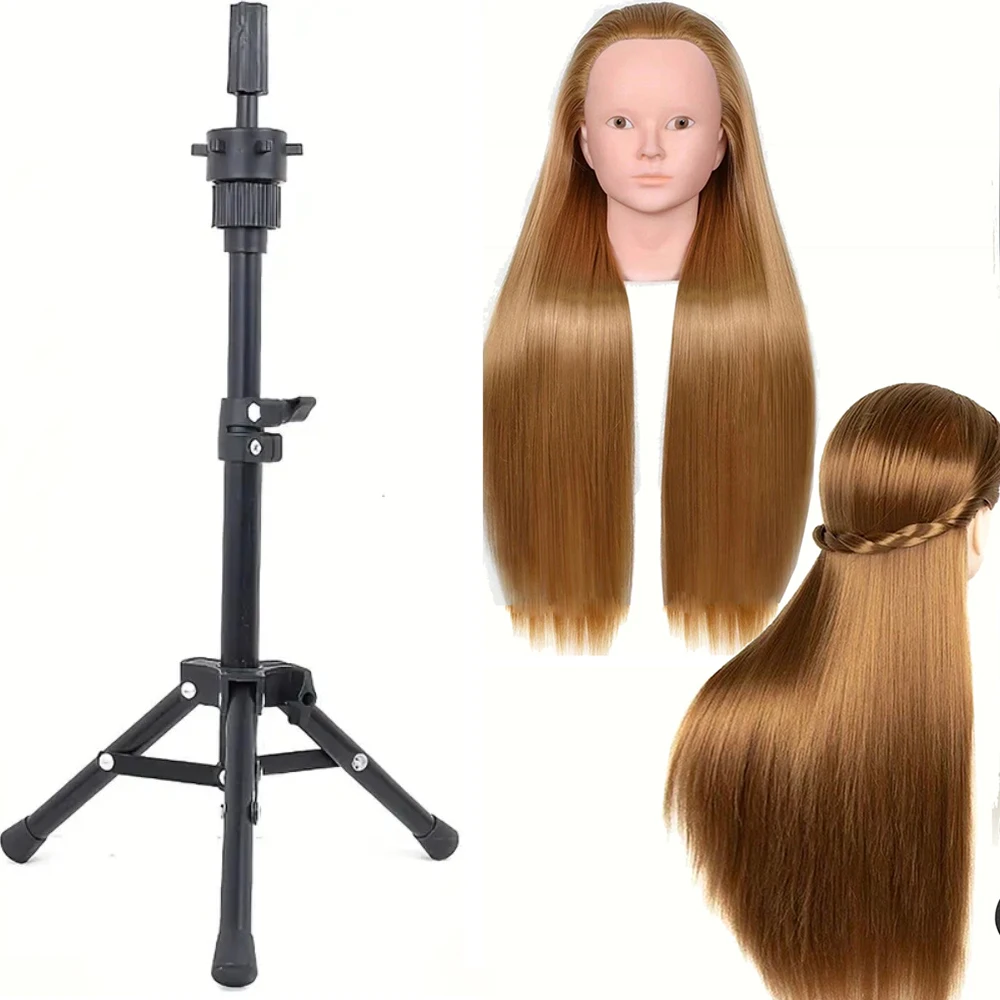 2pcs No makeup Mannequin Head Hair Styling Training Manikin Cosmetology Doll Head Synthetic Fiber Hair and stand