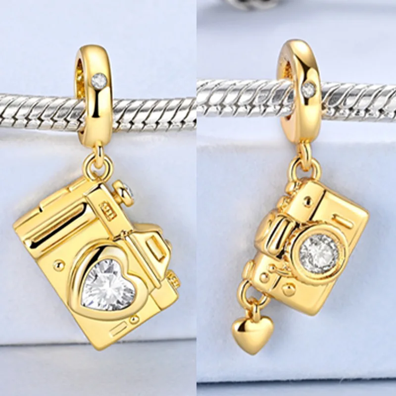 925 Silver Sterling Gold Camera Charm Bead Pendant Fit Original Bracelet Dangle DIY Women Jewelry Making