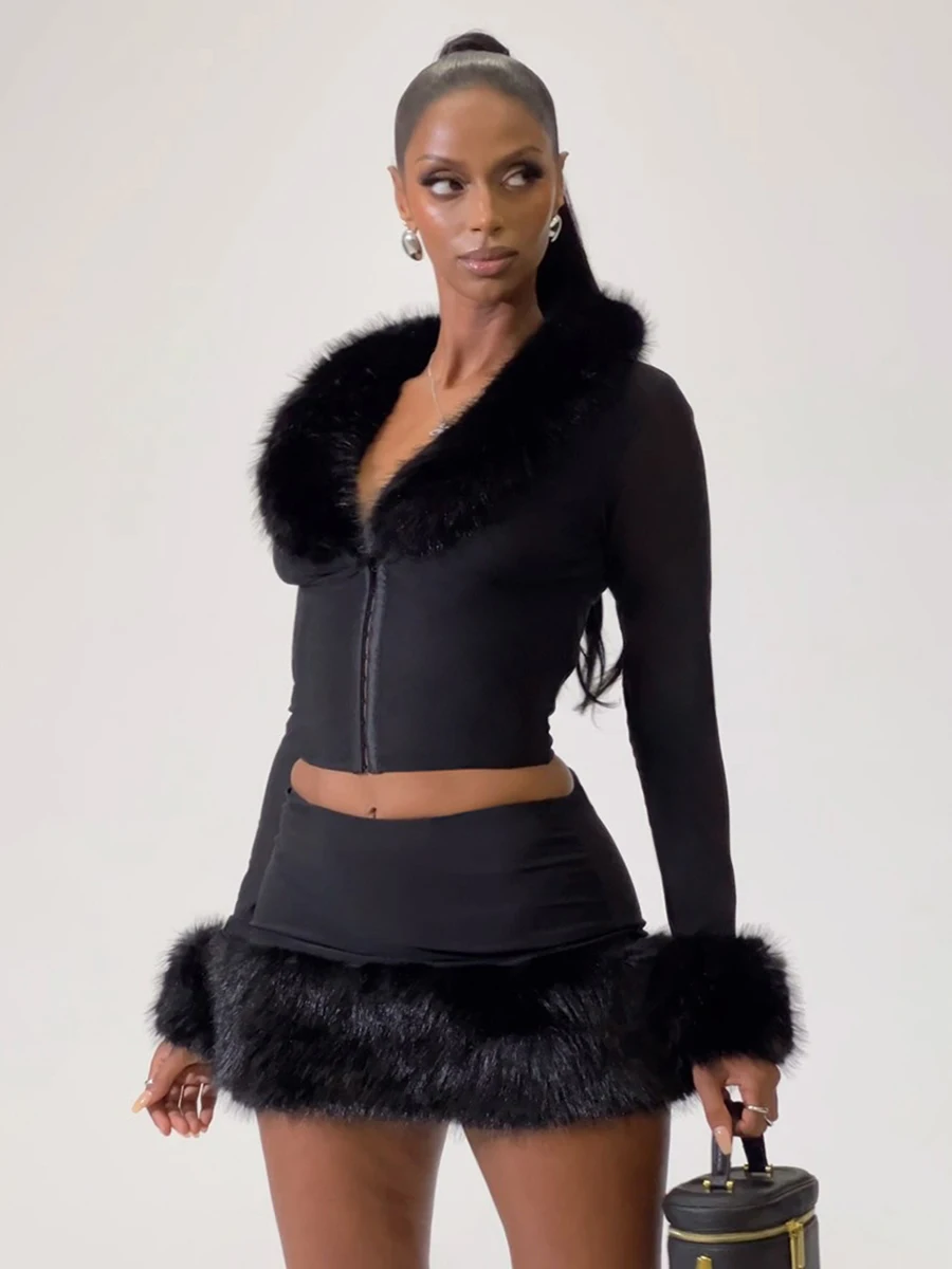 ชุดเซ็ตกระโปรงและเสื้อคลุมขนสัตว์เทียมสำหรับผู้หญิง ดีไซน์กระดุม คอปกขนสัตว์เทียม ทรงเข้ารูป สไตล์ลำลองแฟชั่น