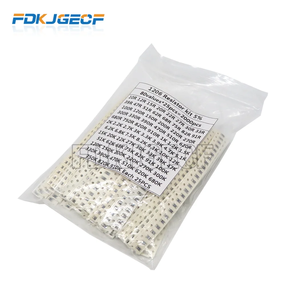 2000PCS 10 ohm-910K ohm 1206 SMD Resistor Kit Assorted set 5% 80values*25PCS SMD Resistors 10K 470/100/680 ohm resistance pack