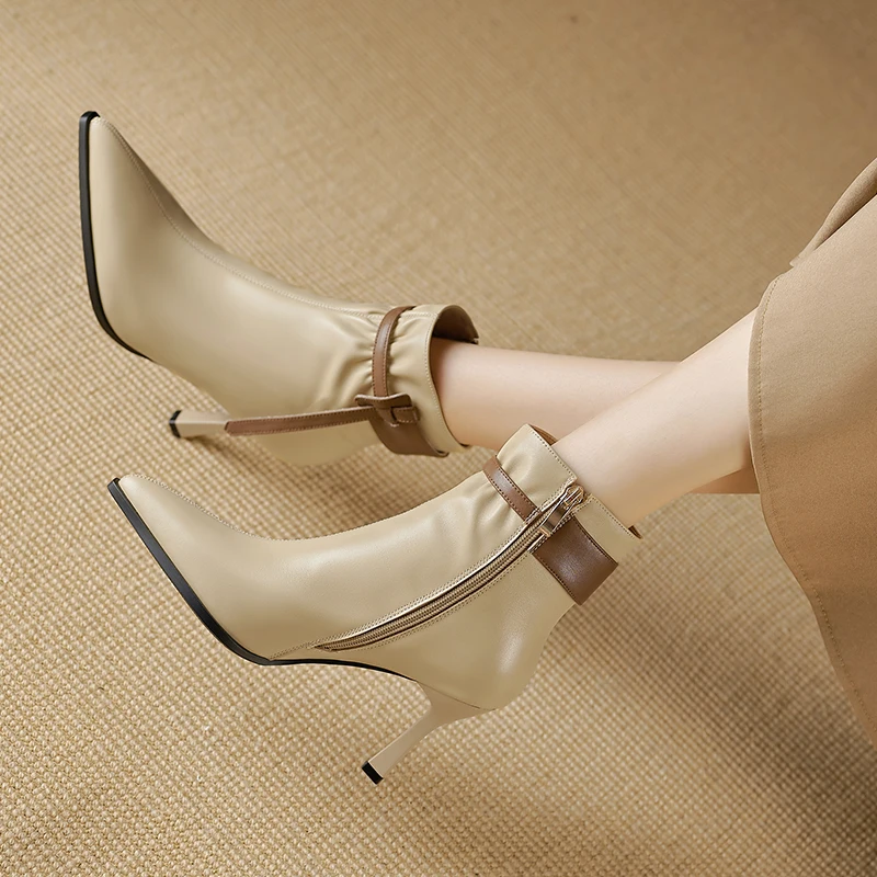 NEW Autumn Women Boots Genuine Leather Shoes for Women Pointed Toe Thin Heel Shoes Zip Short Boots Super High Heel Modern Boots