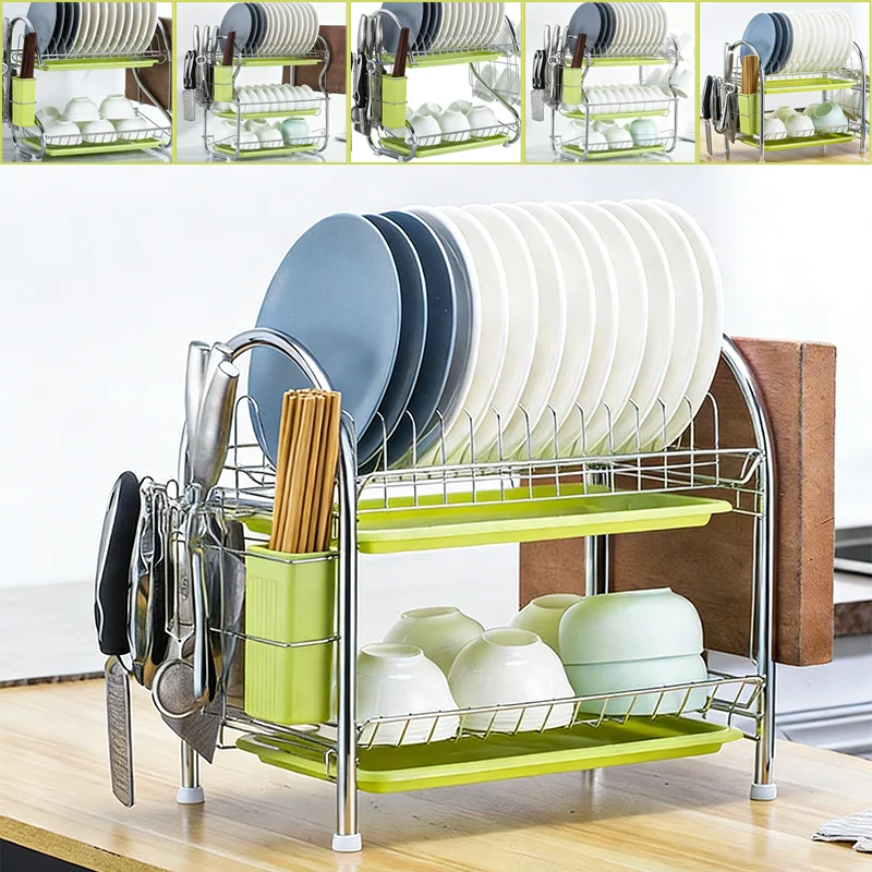 1PC 2/3 Tier Dish Draining Rack Carbon Steel Kitchen Tableware Storage Rack with Cup Strainer Chopsticks Cutting Board Holder