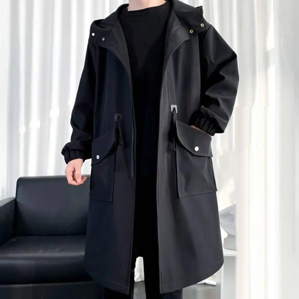 Men Trench Hooded Loose Mid Length Big Pockets Coat Long Sleeve Windproof Solid Color Zipper Closure Coat Streetwear