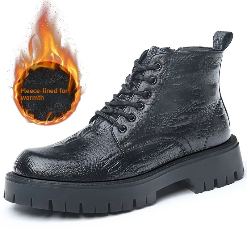 

2025 New Locomotive Warm British Tooling Winter Thick Bottom Heightening Velvet High Top Men Leather Chelsea Boots