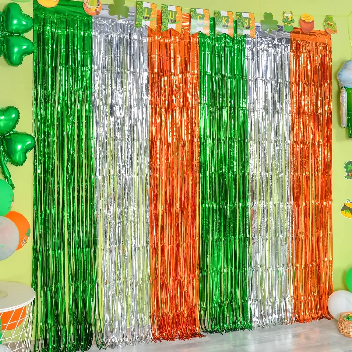 3 Pack St. Patrick's Day Foil Fringe Curtains Green White Orange Tinsel Fringe Photo Booth Prop Backdrop for Irish Party Decor