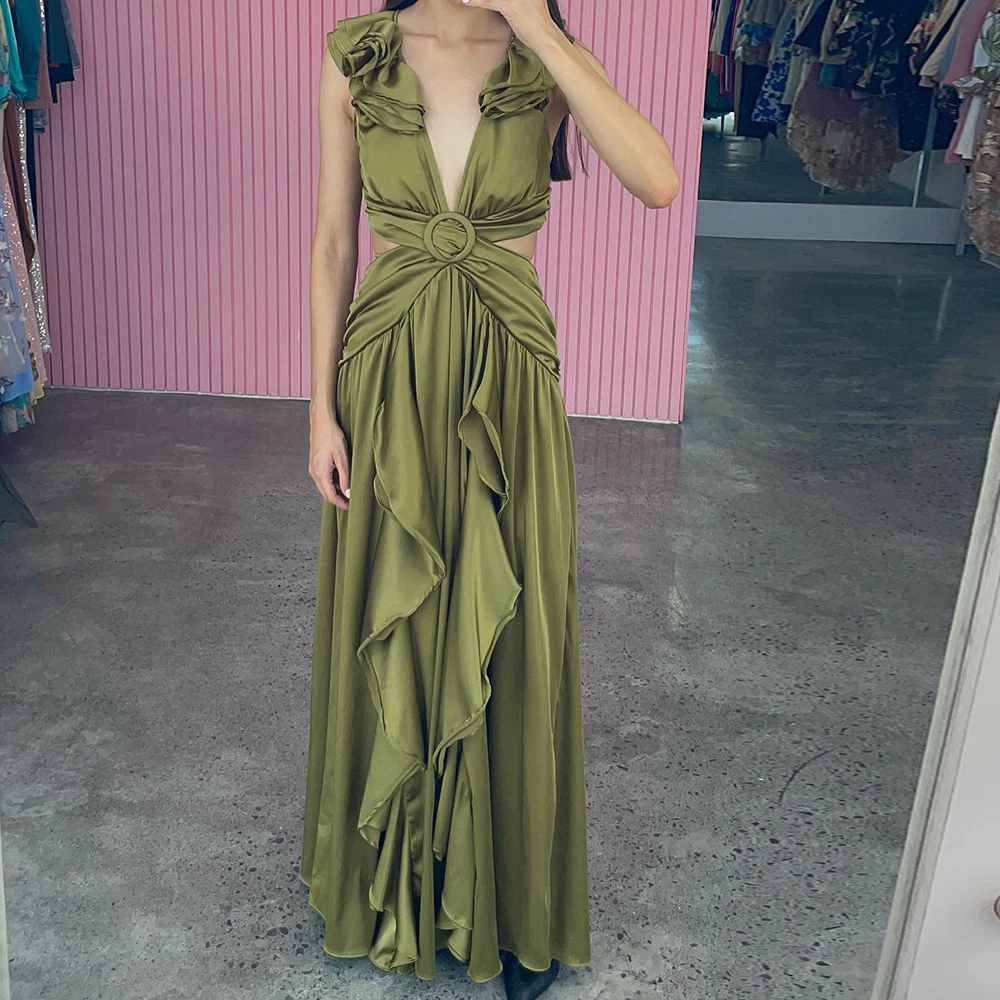 

Sleeveless Straight V Neck Ankle Length Satin Evening Dress Fashion Pleats Solid Green Lace Up Back Dresses For Formal Occasions