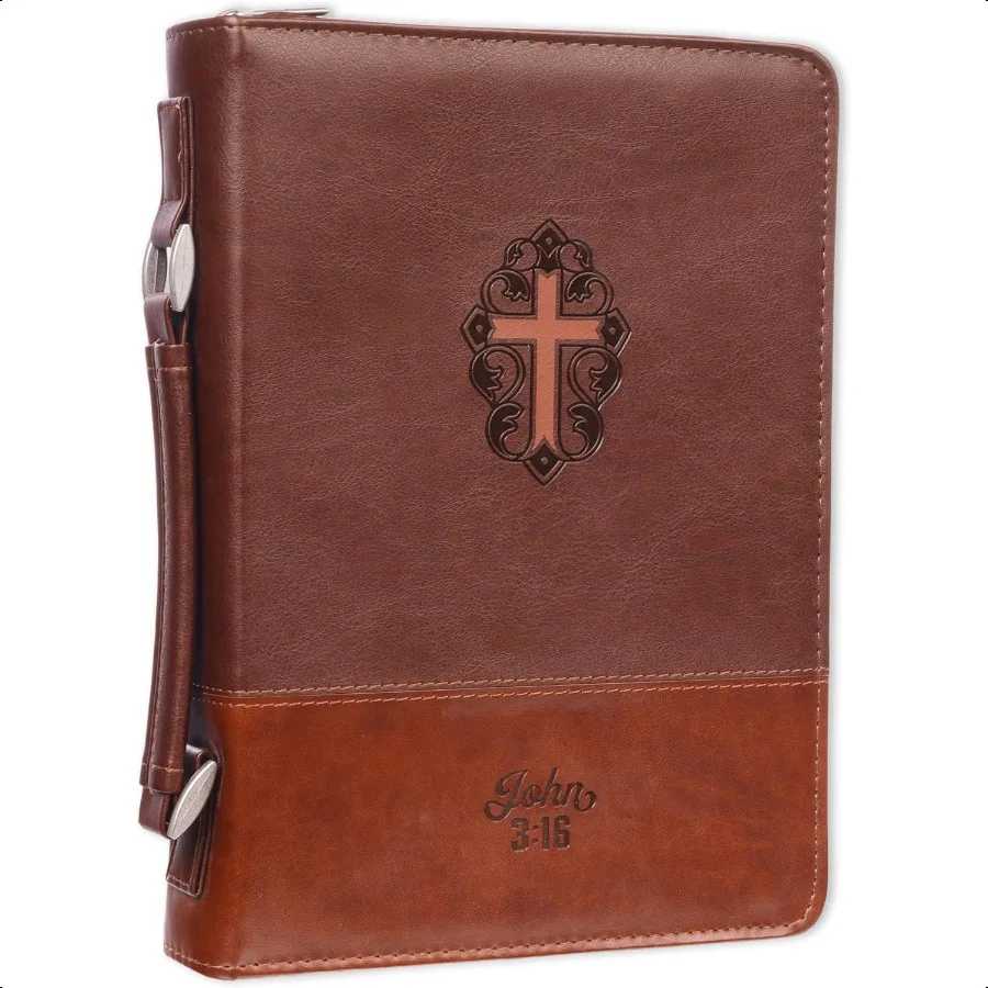 

Men's Classic Bible Cover Cross John 3:16 Brown Faux Leather Large