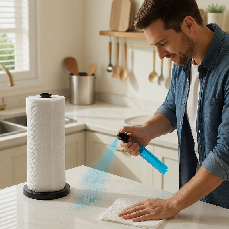 2 in 1 Stainless Steel Paper Towel Holder with Spray Bottle,Paper Towel Holder One-Handed Operation with Non Slip Weighted Base