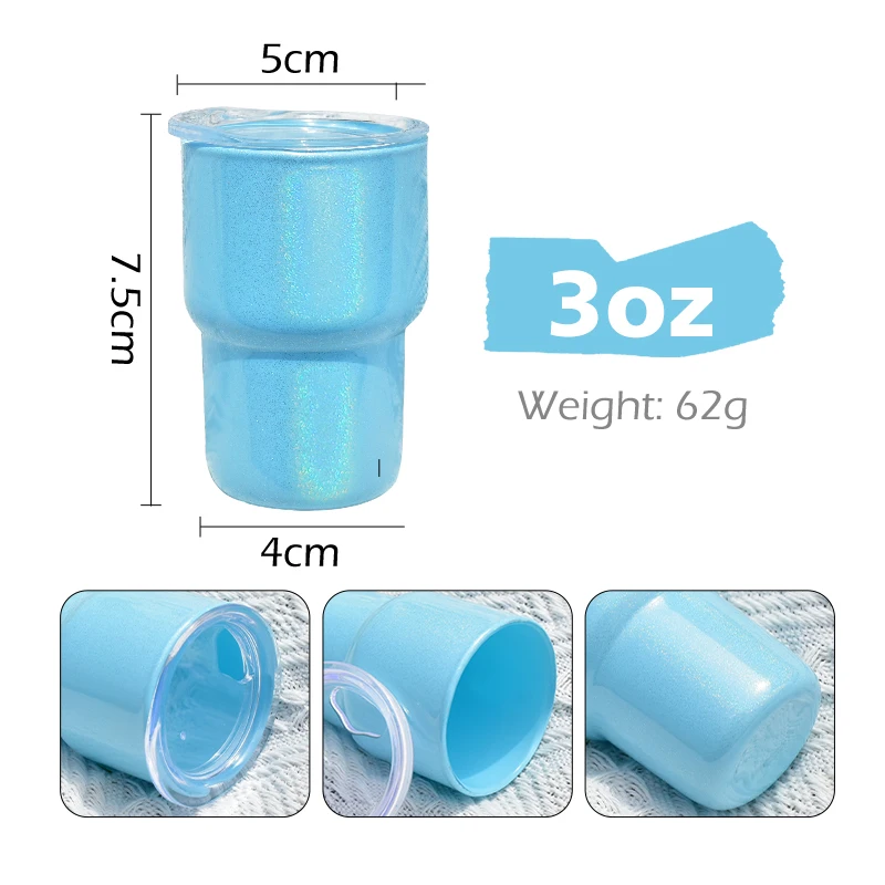 6pcs Pack 3oz Sublimation Blank Shimmer Shot Glass Wine Whiskey Cup Glass With Metal Straw He