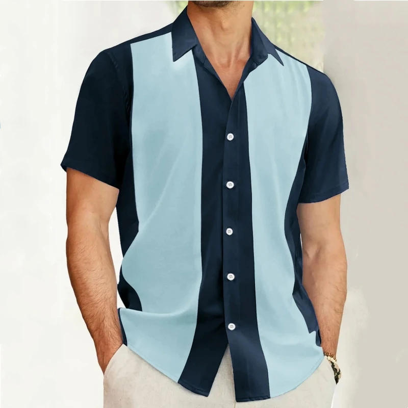 

Fashion Business Stripped Splicing Man Shirts Vintage Casual And Versatile Button Down Bowling Short Sleeve Summer T-Shirt Tees