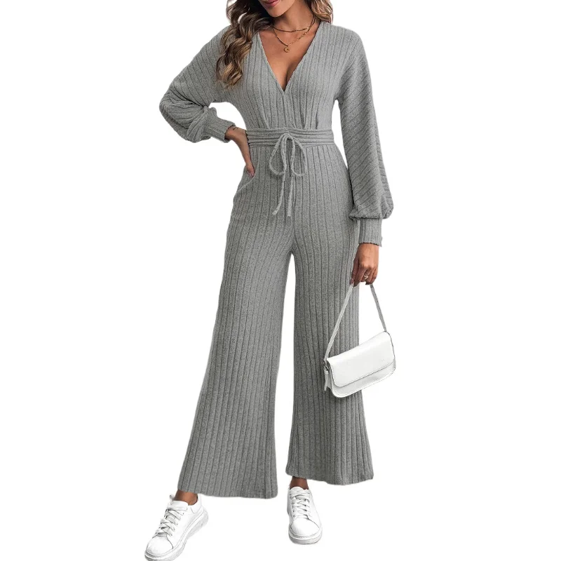 

New Styles of Furry Jumpsuits V-neck Lace-up Bat Sleeve Solid Color Wide-leg Jumpsuit