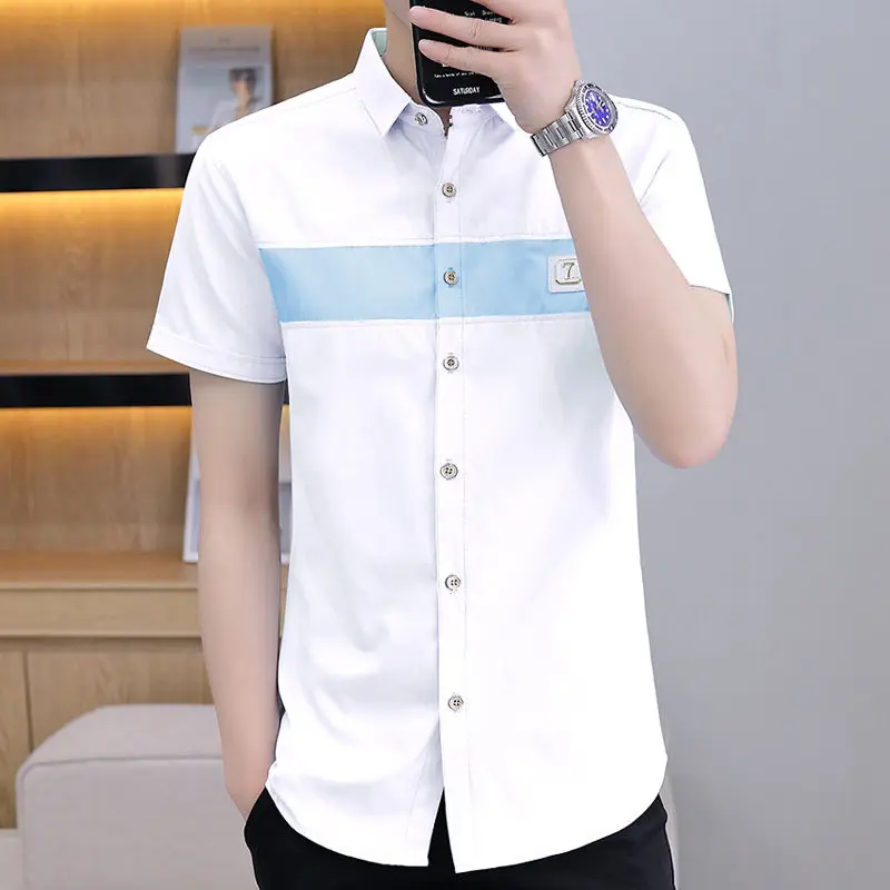 2024 New Summer Fashion Trend Simple Casual Business Lapel Contrasting Color Versatile Slim Fit Short Sleeved Shirt for Men