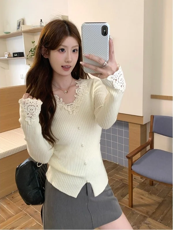 

Облегающий вязаный топ с v-образным вырезом и кружевной отделкой, женский осенне-зимний вязаный топ с модной талией, утягивающий базовый слой, внутренняя одежда irt