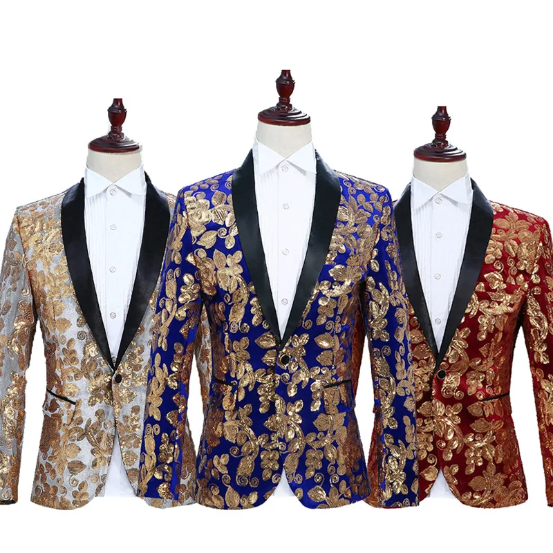 

2026 men's velvet gold sequined suit, singer, host stage performance DJ studio photo suit