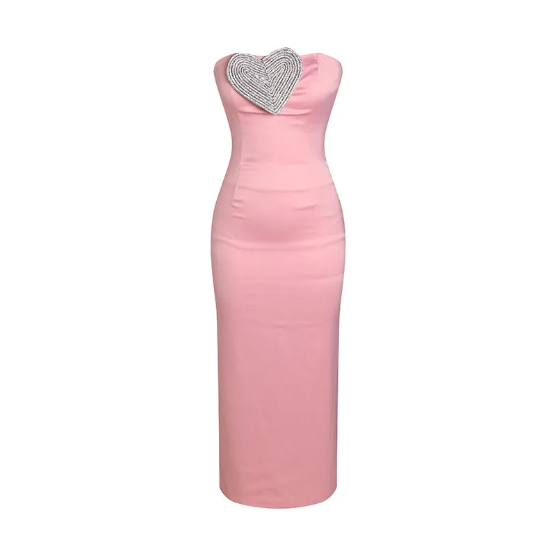 

Elegant Pink Strapless Mid-Length Elastic Dress Casual Wedding Party Gown Resin Diamond Decor Knitted Fabric Slim Fit Dress