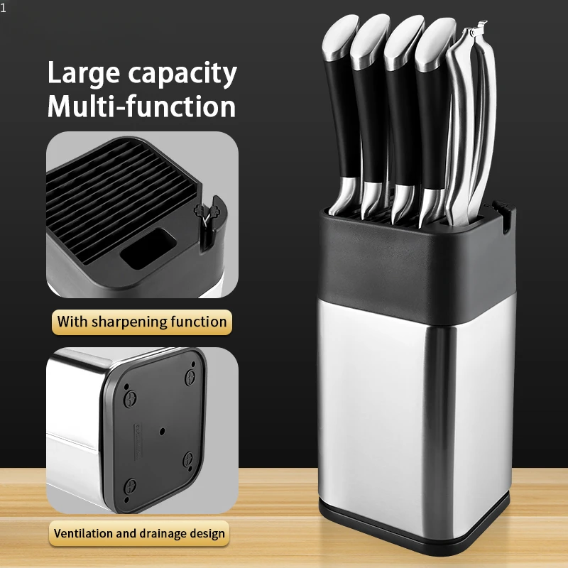 

Stainless Steel Standing Knife Holder for 1-10pcs Knife with Sharpening Edge and Scissors Socket Knife Block Kitchen Gadgets