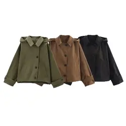 Autumn new European and American style hooded long sleeved lapel jacket single breasted trench coat short jacket