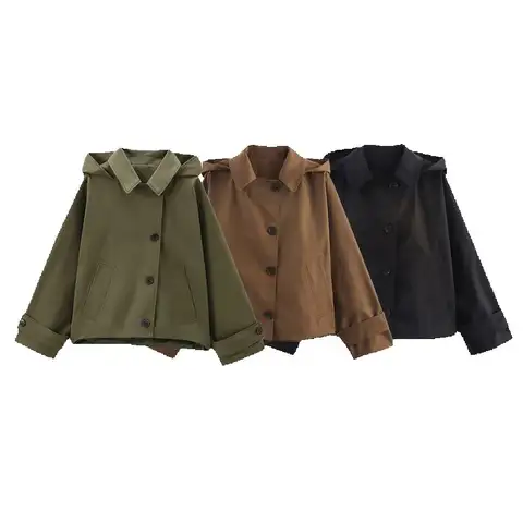 Otoño nuevo estilo europeo y americano con capucha de manga larga chaqueta de solapa gabardina de un solo pecho Chaqueta corta