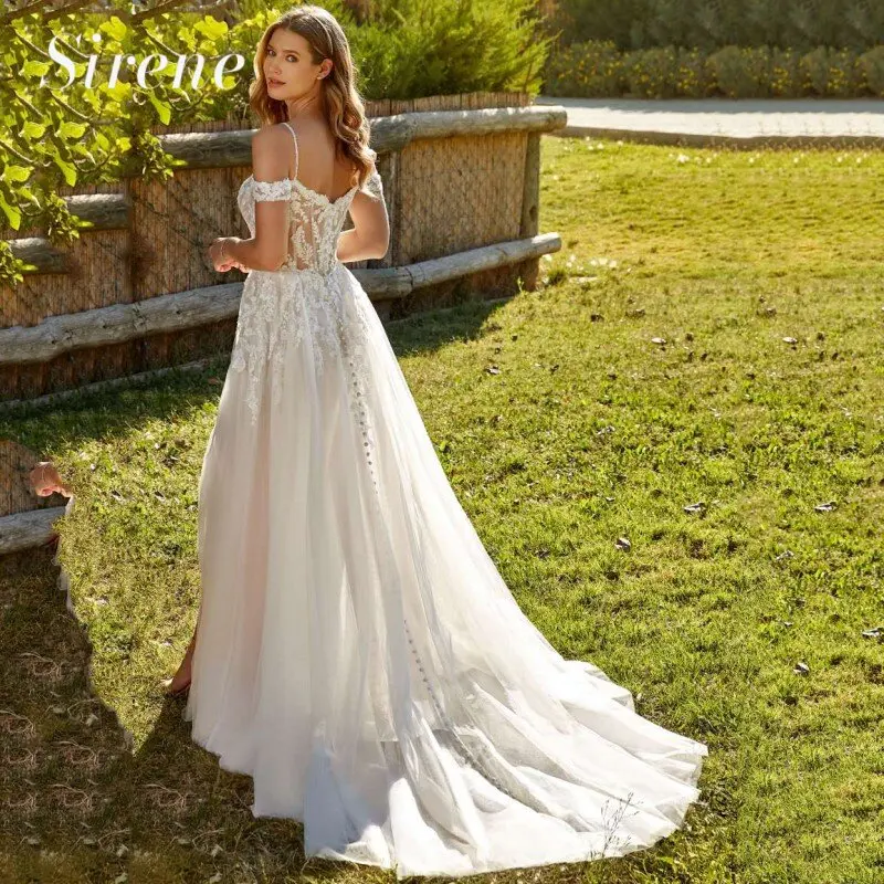 Vestidos de novia personalizados elegantes con escote Corazón, hombros descubiertos, Espalda descubierta, Apliques de encaje, vestidos de novia con