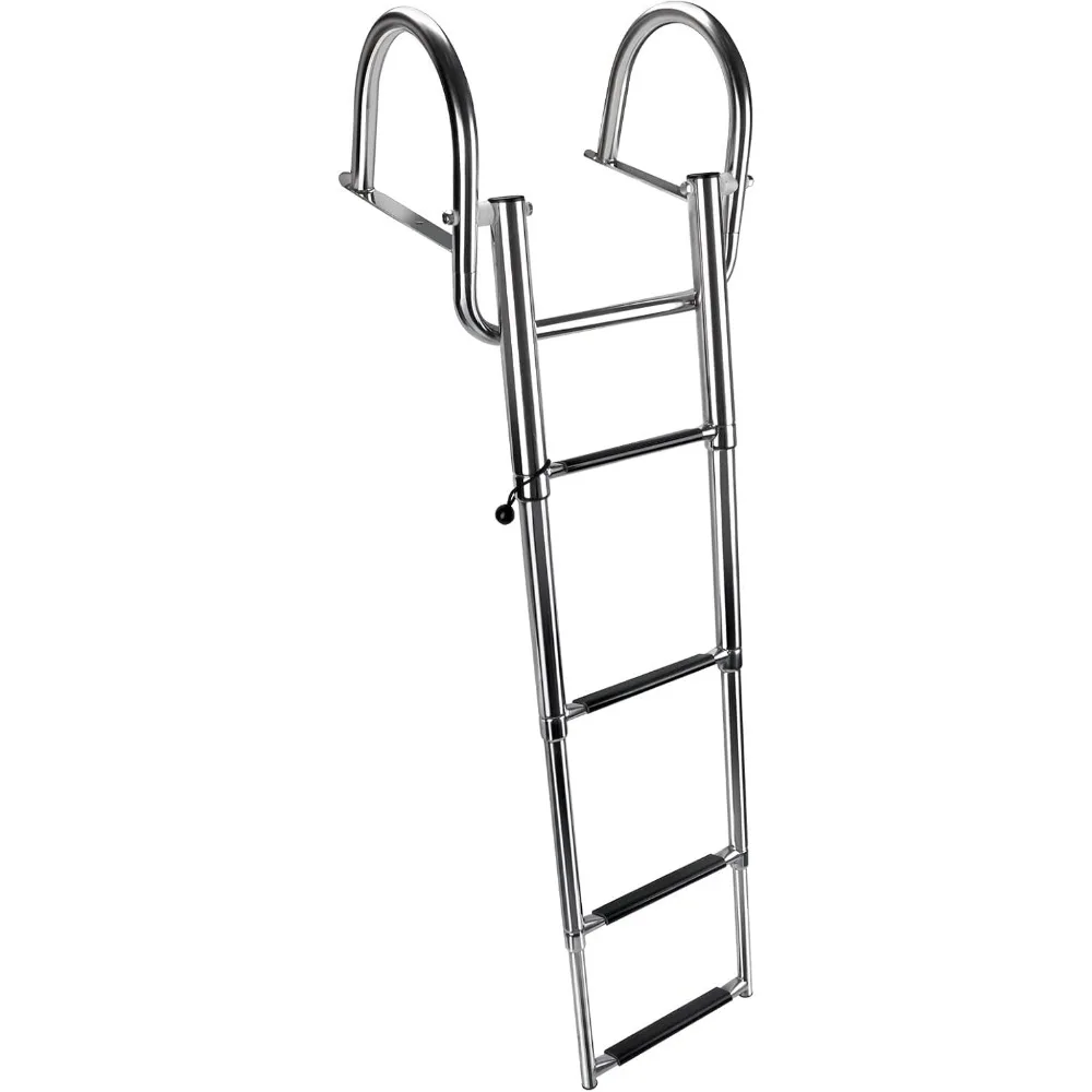 Escada dobrável telescópica de aço inoxidável para barcos pontões com pedal e corrimãos seguros