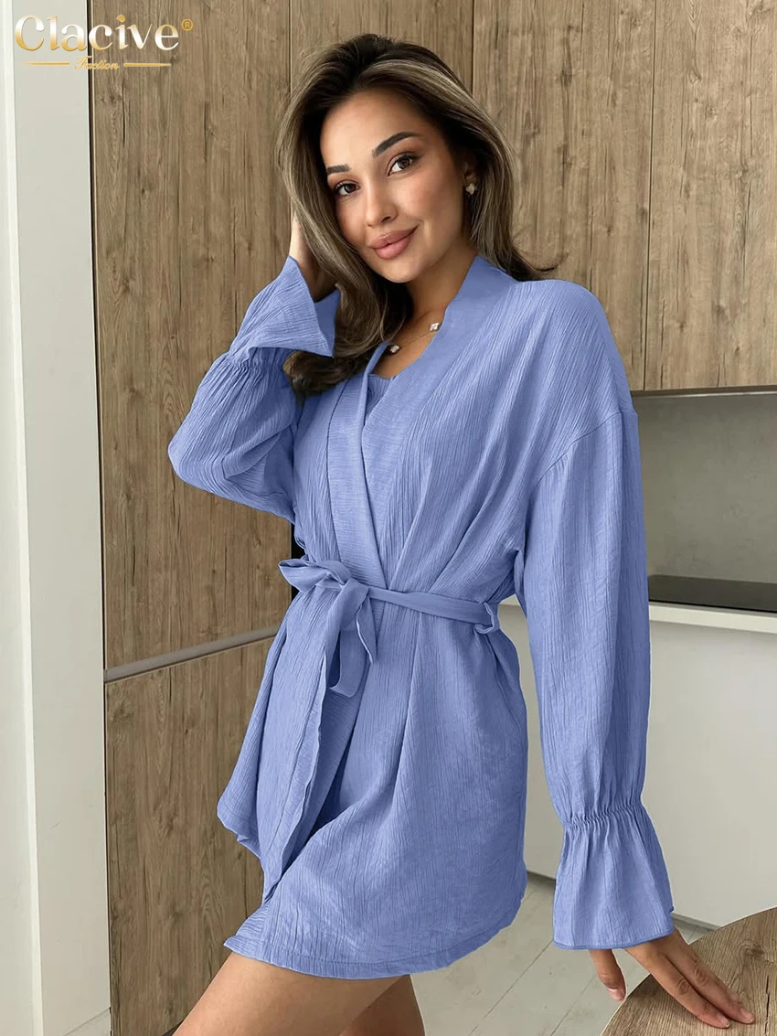 Clacive แฟชั่นหลวมสีเขียว 3 ชิ้นชุดผู้หญิงเสื้อแขนยาว + ด้านบนกางเกงขาสั้นเอวสูงชุดเสื้อผ้าหญิง