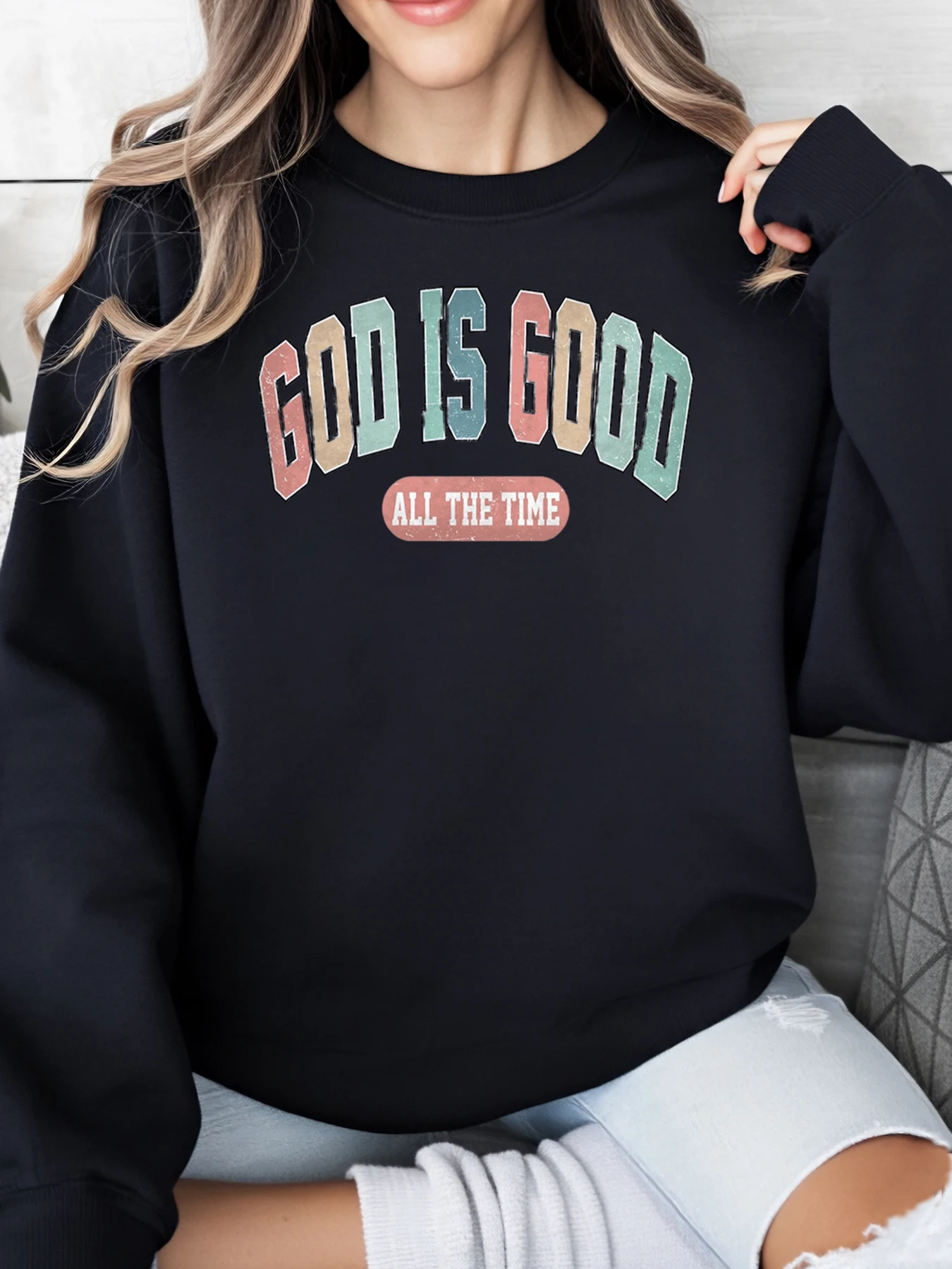 

Толстовка с принтом God Is Good All the Time, рождественская женская повседневная одежда, черная, больших размеров