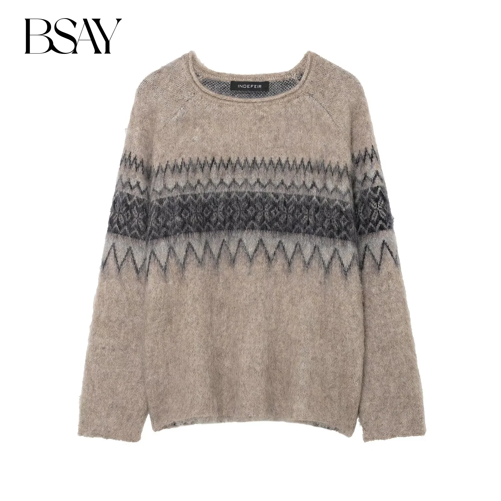 

BSAY Jacquard Knitted Sweater for Women Fashion Autumn Winter New Stripe Long Sleeves Tops Chic Female Knit Sweaters Mujer