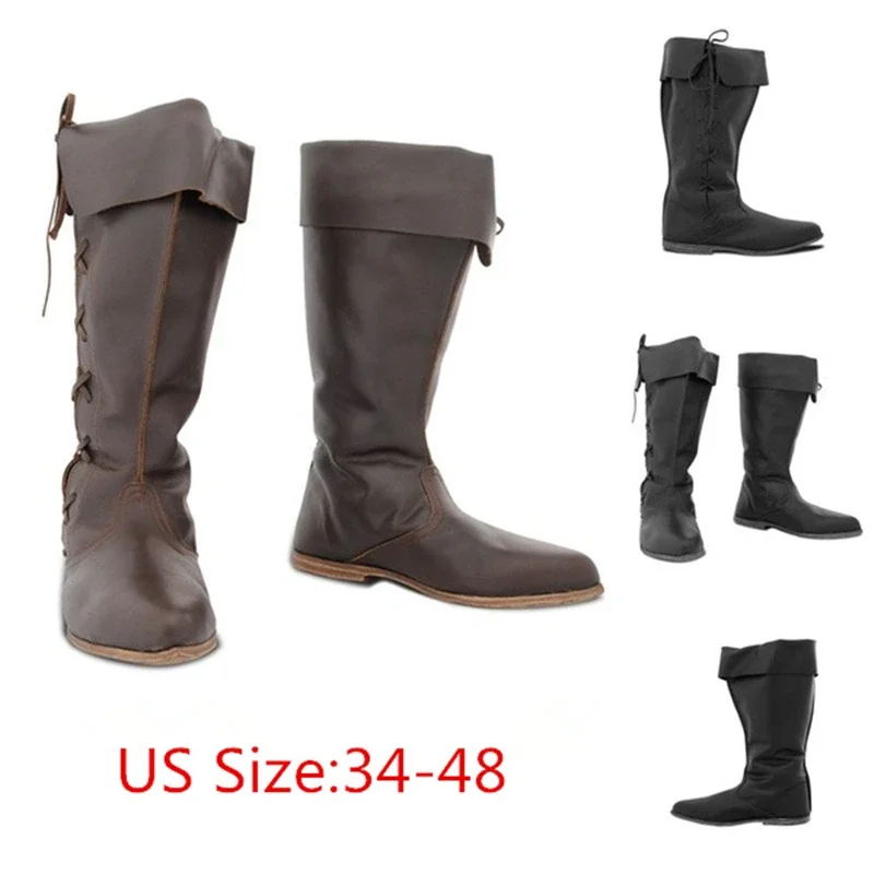 Männer Frauen Medieval Renaissance Cosplay Gothic Punk Viking Pirate Requisiten Schuhe Leder Ritter Hohe Stiefel Paladin Kostüm Witcher O