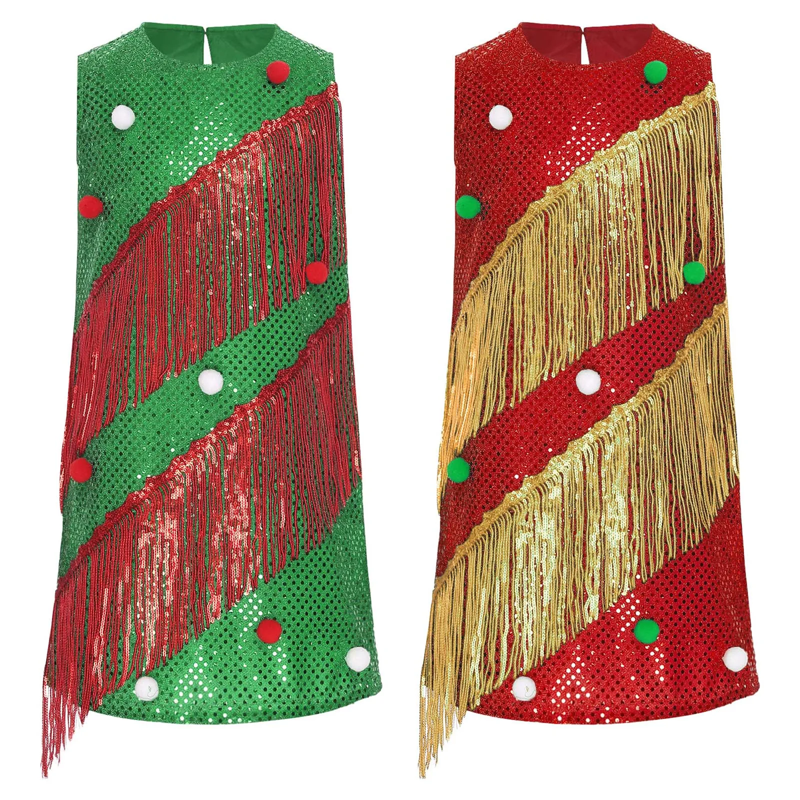

Girls Christmas Tree Role Play Costumes Latin Jazz Dance Dress Sleeveless Shiny Sequins Tassels Dress for Xmas Carnival Party