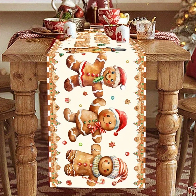Holiday Banquet Table Runner Sweet Gingerbread Man Candy Dot Star Print Table Runner For Tabletop Styling