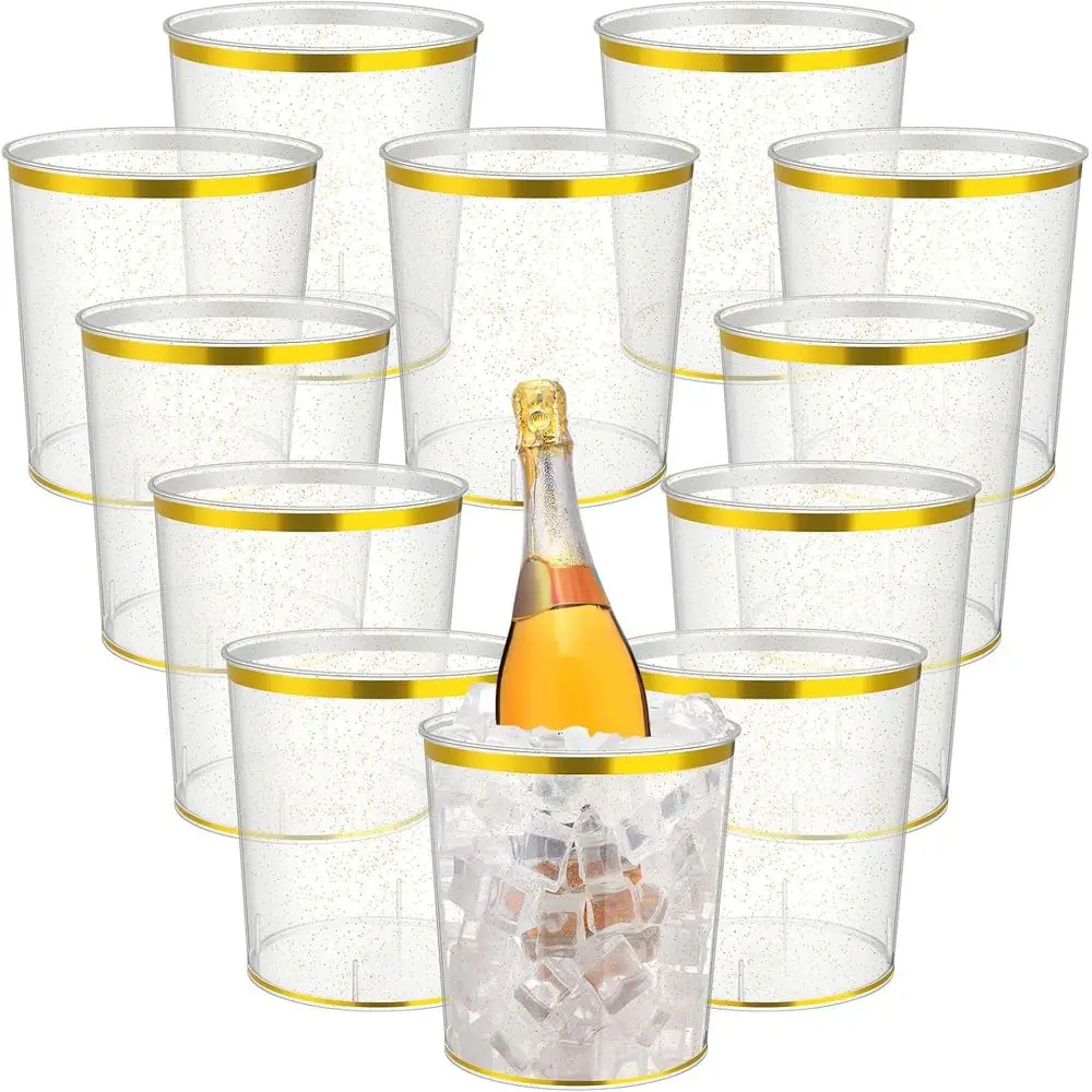 

12 ведер для льда оптом, 6-литровые пластиковые круглые ведра для льда с золотым ободом и блестками, одноразовая ванна для хранения напитков или вечеринок