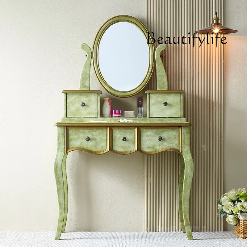 

N American country dresser solid wood retro green old small makeup table desk integrated
