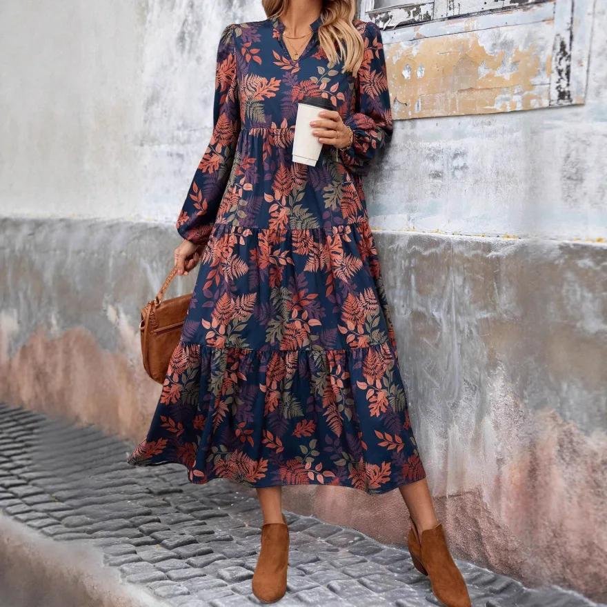

Flowers Print Women Sundress 2025 Spring Vintage Long Sleeve V-neck Maxi Dress Elegant Ladies Long Dresses Female Vestidos Robes