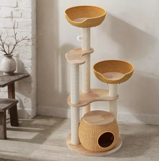 The product can be customized. Solid wood cat climbing frame household small rattan