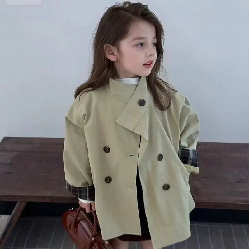 

Весенне-осеннее длинное пальто-тренч для девочек в ретро-стиле, с лоскутным узором, свободного кроя, с отложным воротником, двубортное, ветровка для детей 2-8 лет, модное пальто