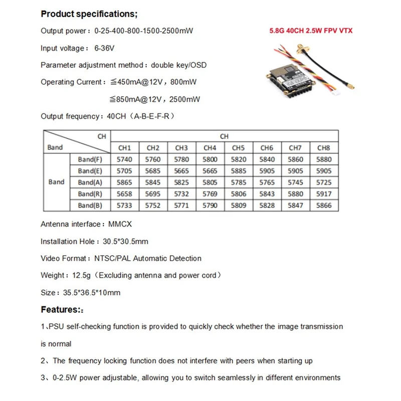 ABSY 5.8G 2.5W FPV VTX 40CH 2500MW For RC Fixed Wing FPV Long Rang Racing Drone Durable Durable Easy To Use