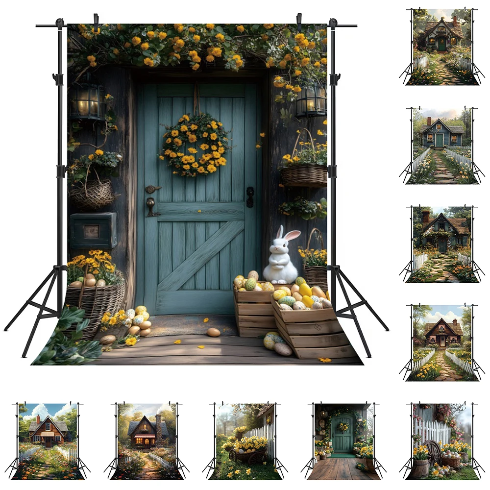 

Spring Easter Backdrop Photography Vintage Wooden House Rabbit Bunny Eggs Kids Portrait Birthday Party Decor Photo Background