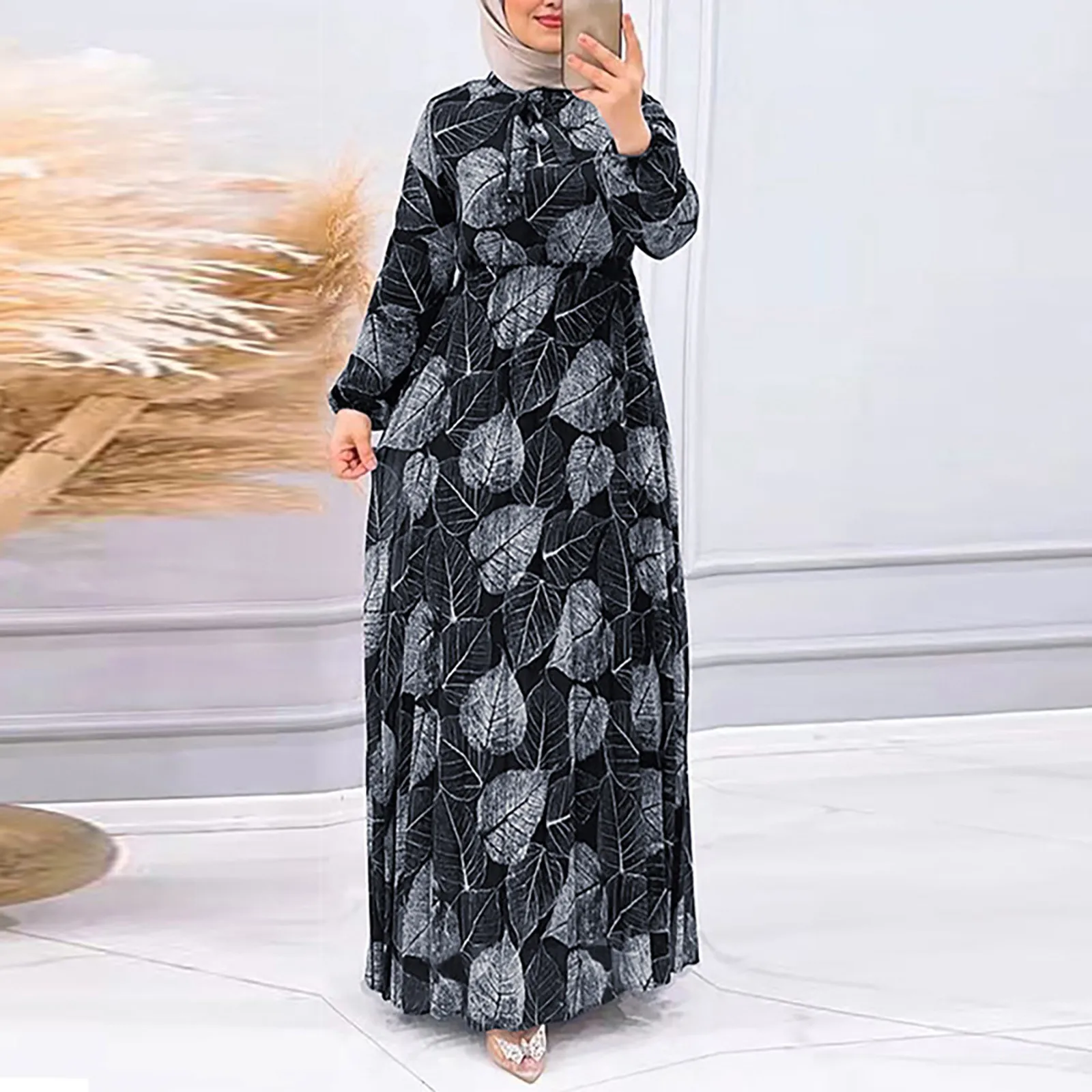 

Middle East Dubai Women New Leaf Printing Pleated Fashionable Muslim Dress Elegant Long Sleeves Turkish Long Dresses Vestidos