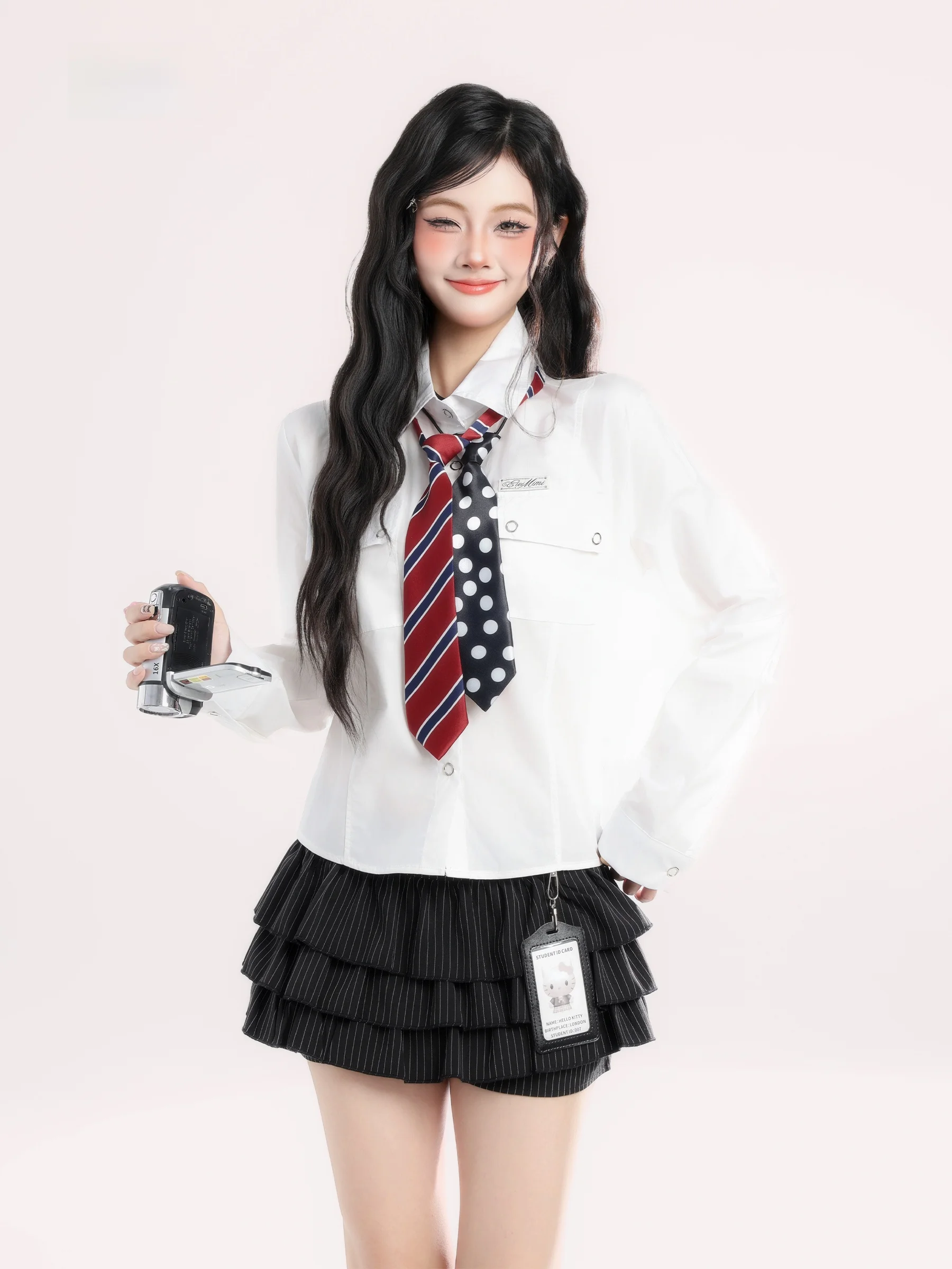 

HTYM American College Style Long Sleeve Shirt Women's Spring Short Commute Casual Loose Top Trendy Double Collar Tie Shirt