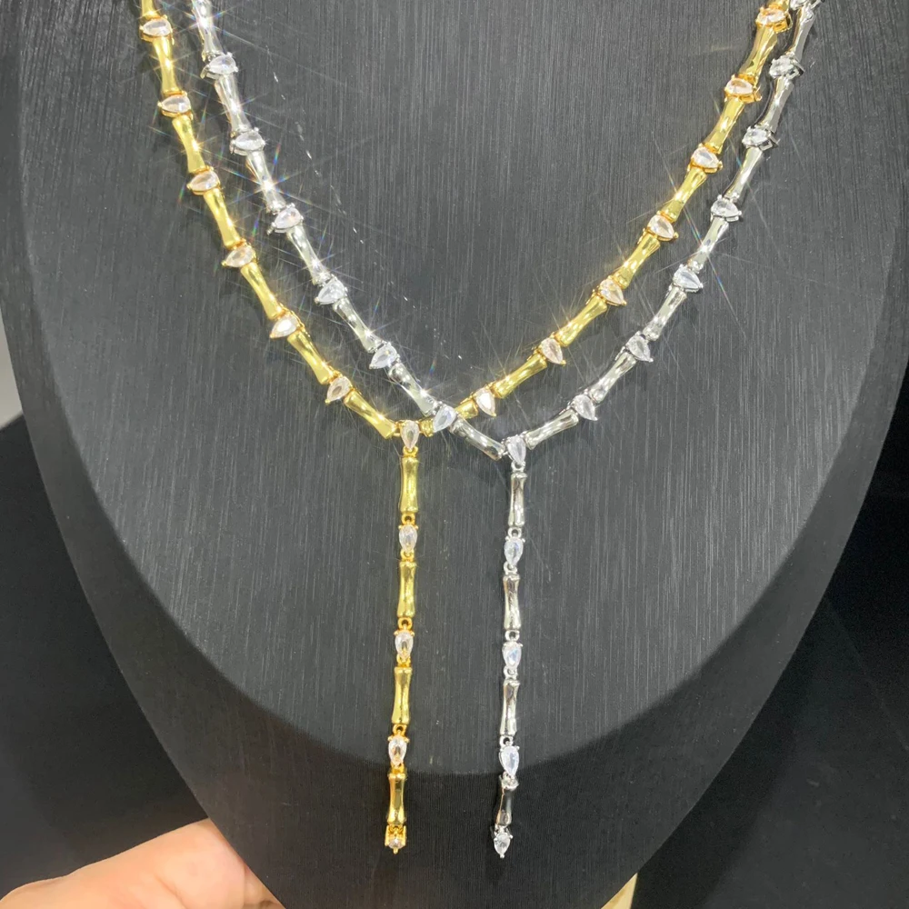 Stylish Gold Color Geometric Long Y Lariat Necklace for Women Embellished with 5A Tear Drop Cubic Zirconia CZ