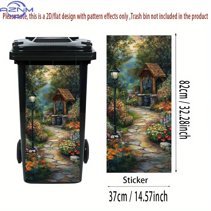 2D Flat Printing 1pc Trash Can Sticker,  Vibrant Garden Wish Well Theme Design Self-Adhesive Wallpaper Decoration for Kitchen