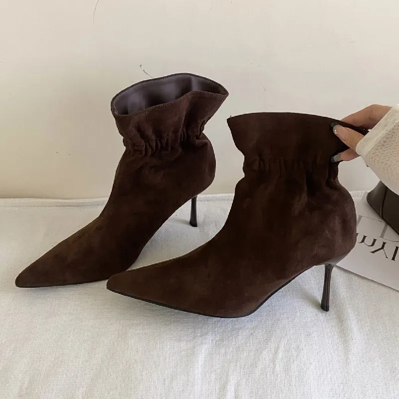 

Сексуальные эластичные ботильоны с острым носком, женские осенне-зимние короткие ботинки из искусственной замши на тонком высоком каблуке для женщин, элегантные вечерние туфли на каблуке