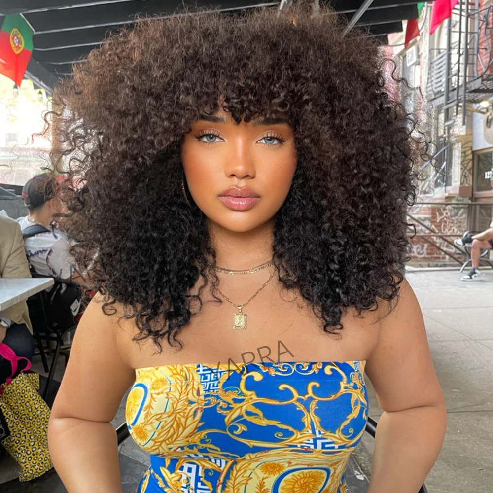 

Afro Kinky Curly Human Hair Wigs With Bangs For Black Women 250% Density Brazilian 100% Human Hair Remy Full Machine Made Hair