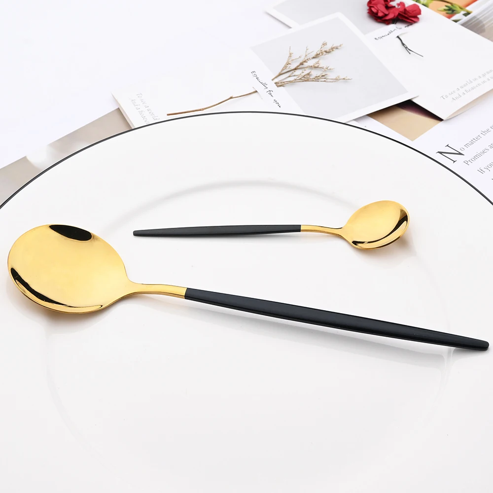 Drmfiy Black Gold Dinnerware Set Stainless Steel Cutlery Set Fork Knife Soup Dessert Ice Spoon Complete Dinner Western Flatwar